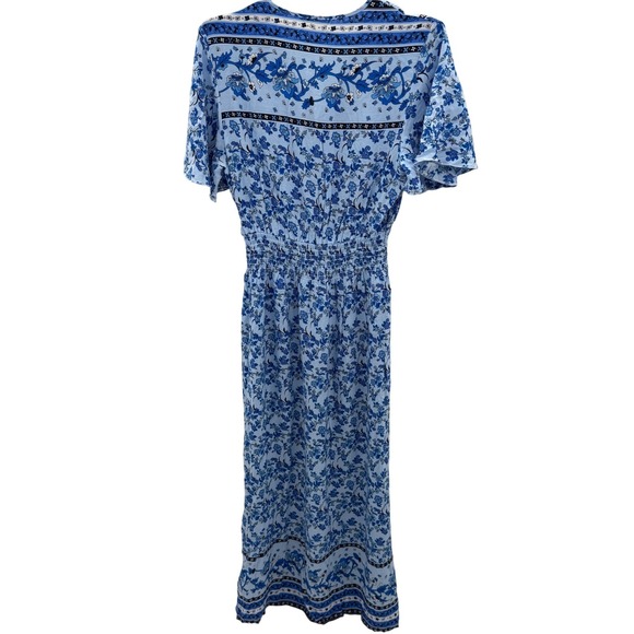 Seven Islands Blue Floral Boho Maxi Dress XL Short Sleeve Smocked Waist Rayon - Picture 2 of 12
